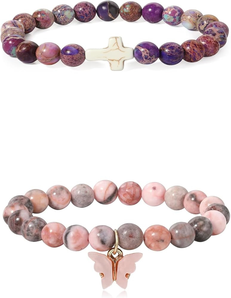 SIXFOX Natural Stone Bead Bracelet Trendy Butterfly/Heart/Cross Charm Bracelet And Natural Stone ... | Amazon (US)