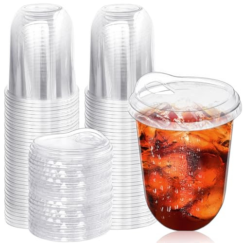 50 Pack Clear Plastic Cups with Strawless Sip Lids,16 oz Iced Coffee Cups With Lids,Disposable PET Crystal Cups,Round Bottom To Go Cup for Iced Coffee Juice Smoothie Cold Beverage | Amazon (US)