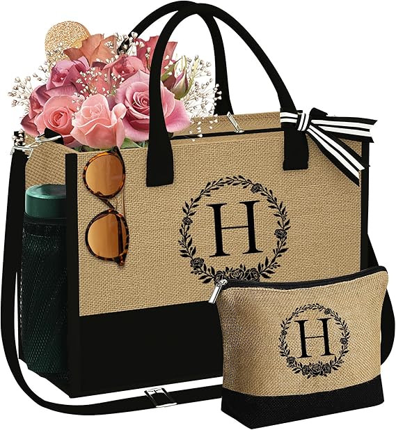 YOOLIFE Christmas Gifts for Women Monogram Jute Tote Bag & Makeup Bag Gifts Mom Friend Bridesmaid... | Amazon (US)