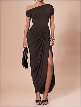 Floerns Women's Elegant Long Dress Asymmetrical Off Shoulder Ruched Slit Bodycon Cocktail Dresses | Amazon (US)