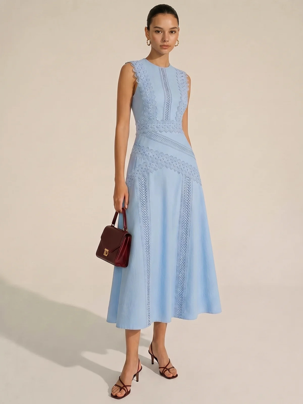 Lace Panel Sleeveless Midi Dress | Commense