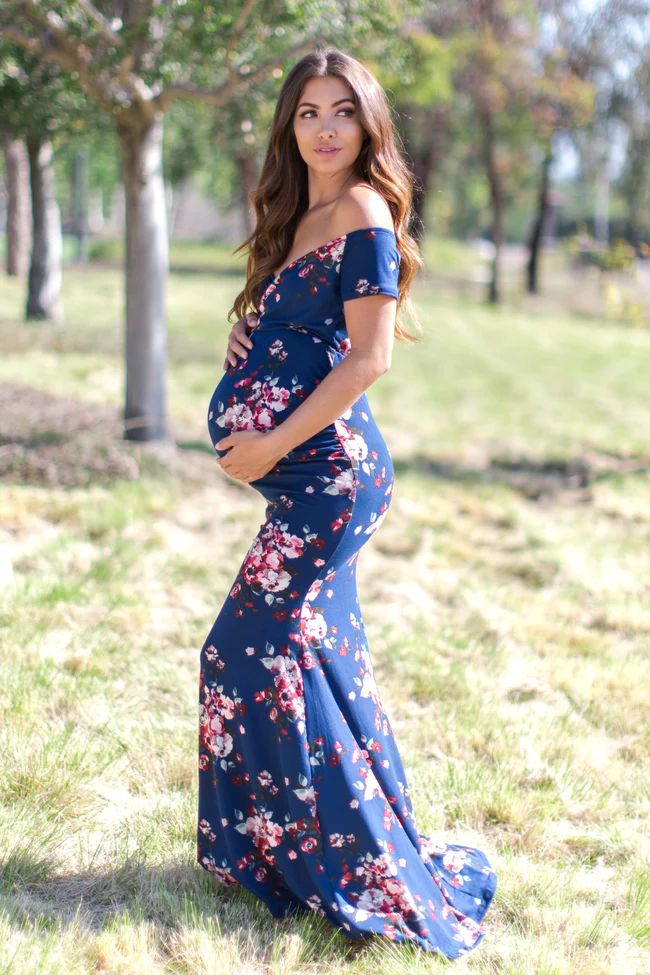 Navy Floral Off Shoulder Wrap Maternity Photoshoot Gown/Dress | PinkBlush Maternity