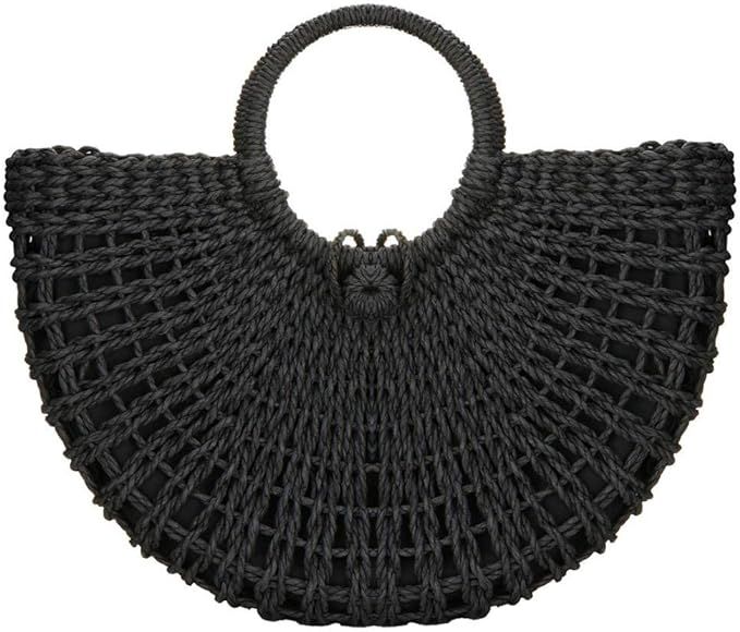 Handwoven Rattan Top-handle Bag for Women Bohemian Round Straw Tote Bag Beach Large Carrying Handbag | Amazon (US)