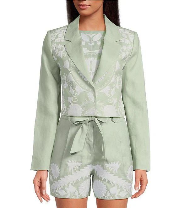 Embroidered Linen Notch Lapel Long Sleeve Button Front Cropped Coordinating Blazer | Dillard's