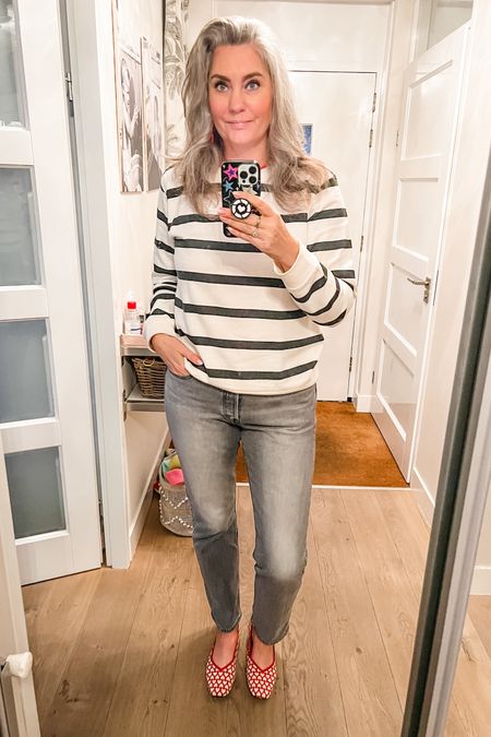 Ootd - Wednesday. Long Tall Sally striped sweatshirt over a red t-shirt paired with grey Levi’s 501 jeans and ballet flat shoes with hearts. Sizing in product reviews. 



#LTKeurope #LTKstyletip #LTKSeasonal