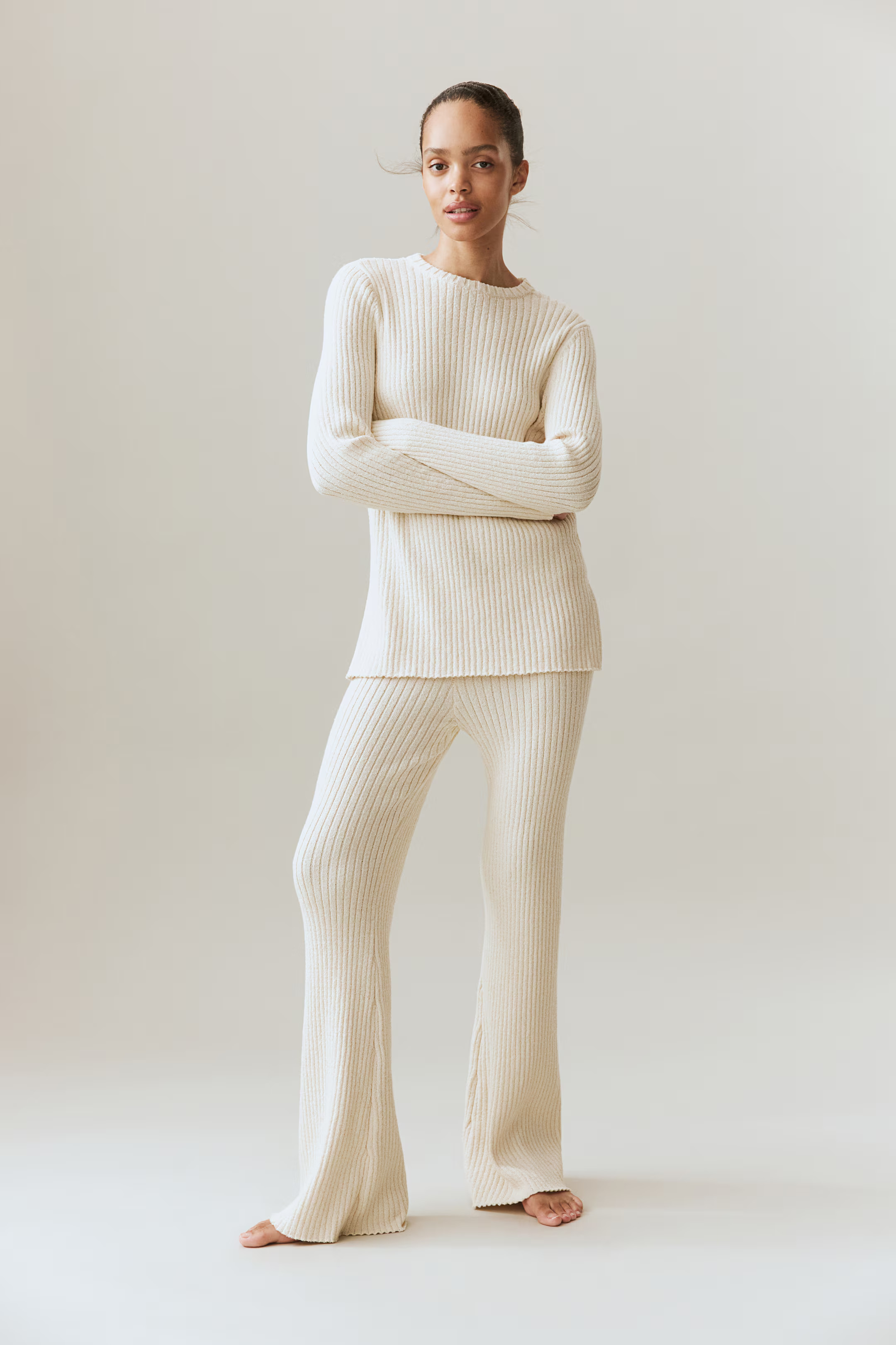 Flared Rib-Knit Pants - Cream - Ladies | H&M US | H&M (US + CA)