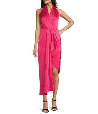 Alex Marie Petite Size Hazel Halter Neck Sleeveless Draped Asymmetrical Hem Satin Dress | Dillard... | Dillard's