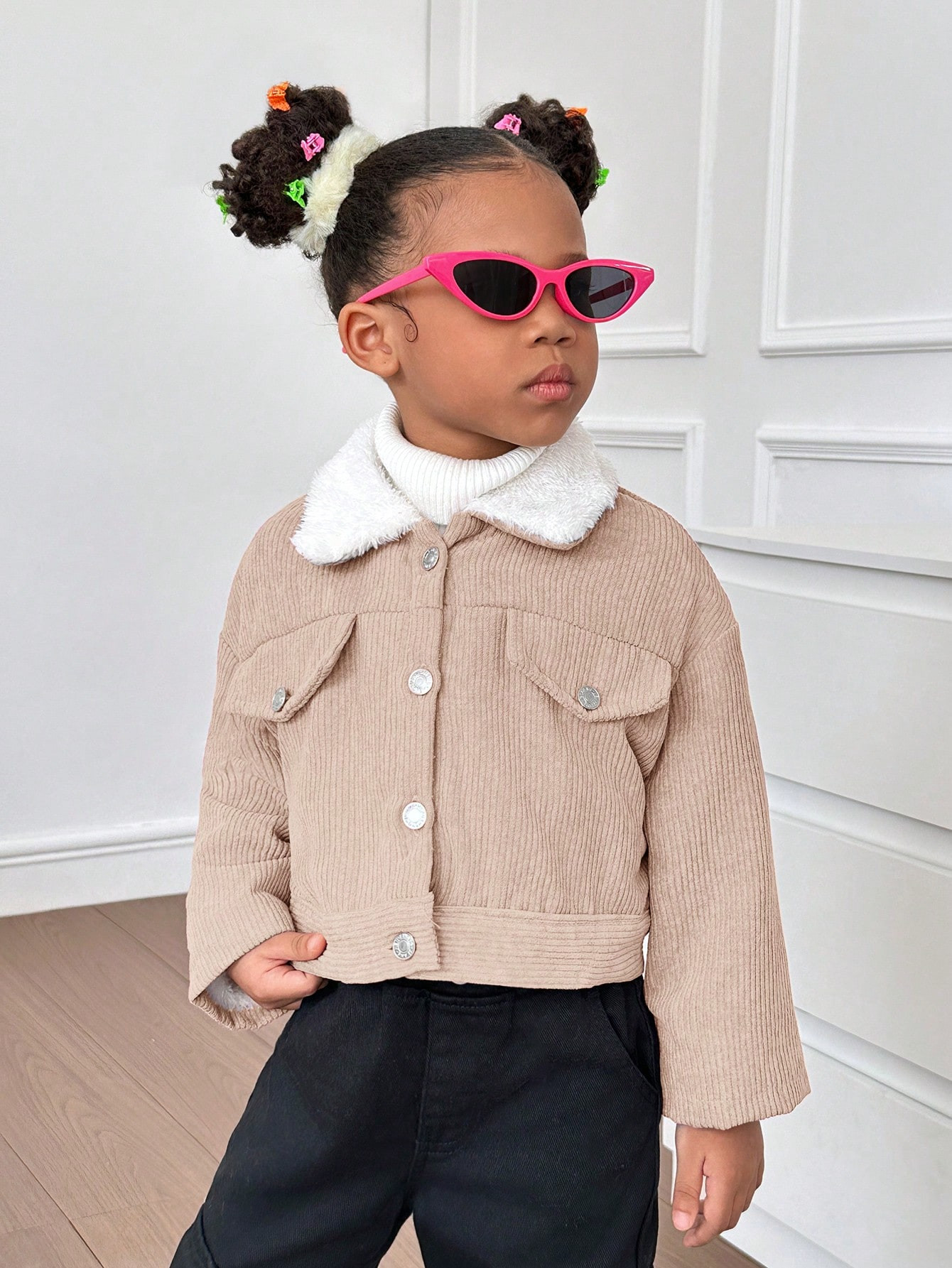 SHEIN Girls Corduroy Color Block Turndown Collar Fleece Lined Jacket For Fall (9) & Winter (2) | ... | SHEIN