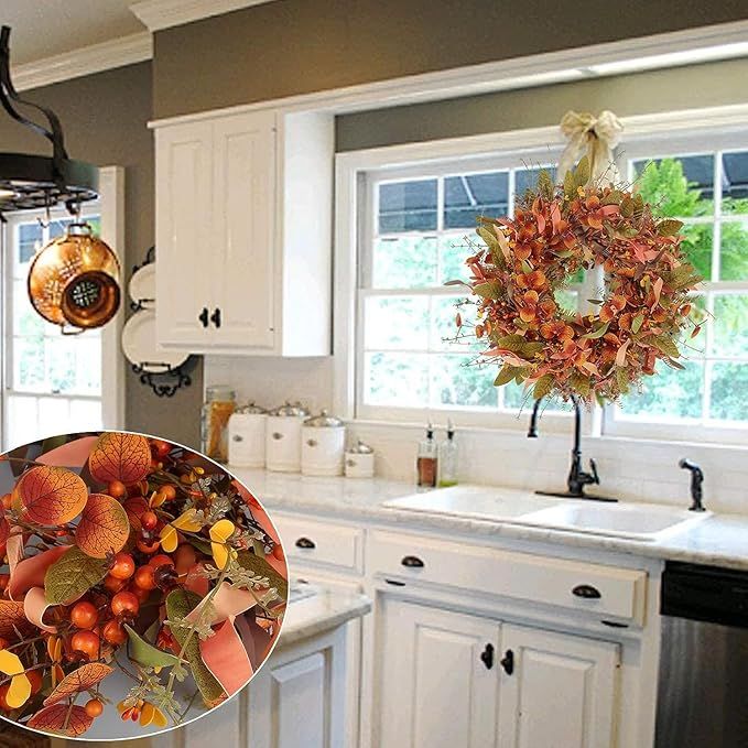 HO2NLE 24 Inch Fall Door Wreath Autumn Harvest Wreaths with Berries Fall Foliage Artificial Fall ... | Amazon (US)