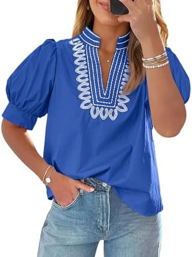 Cicy Bell Womens Puff Short Sleeve Blouses Summer Casual Dressy Embroidered V Neck Tops Loose Fit... | Amazon (US)