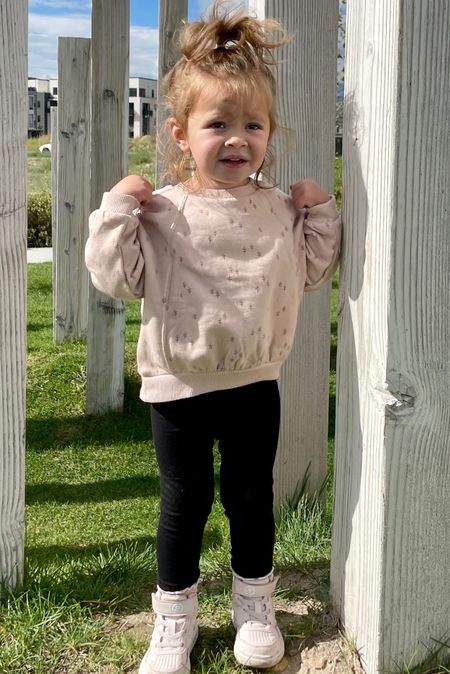 Walmart toddler girl sweatshirt outfit! So adorable with black leggings, pink sweatshirt and high top sneakers! #toddleroutfit #toddlerblackleggings #kidshightops 

#LTKkids