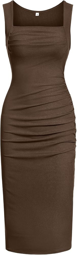 OWIN Women's Summer Sexy Square Neck Ruched Bodycon Tank Midi Dress Sleeveless Ribbed Knit Cockta... | Amazon (US)