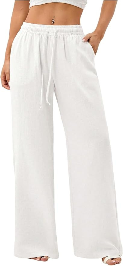 Women's Straight Wide Leg Linen Pants Drawstring High Waisted Casual Long Trousers with Pockets | Amazon (US)