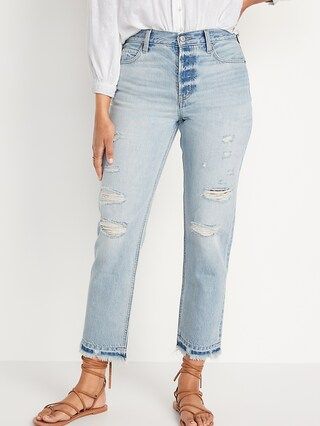 High-Waisted Slouchy Straight Distressed Cut-Off Non-Stretch Jeans for Women | Old Navy (US)