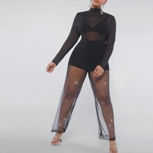 Plus Rhinestone Mesh Sheer Pants | SHEIN