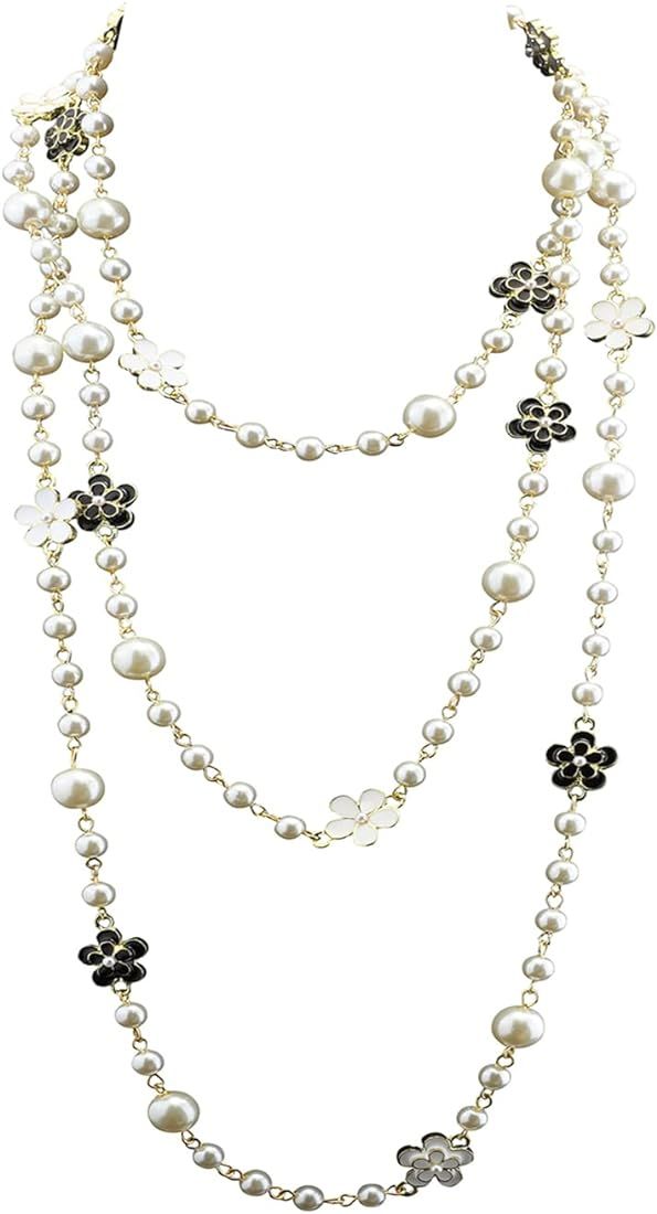 Womens Chic Statement Multilayer Imitation Pearl Long Necklace | Amazon (US)