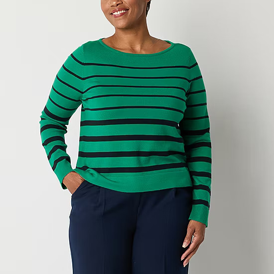 Liz Claiborne Womens Boat Neck Long Sleeve Striped Pullover Sweater - JCPenney | JCPenney