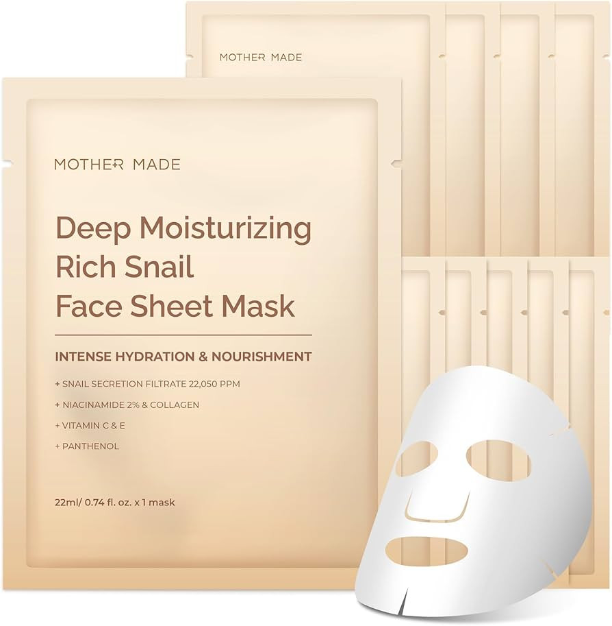 MOTHER MADE Moisturizing Snail Mucin Face Mask 10 Sheets, 22,050ppm Snail Secretion Filtrate, Col... | Amazon (US)