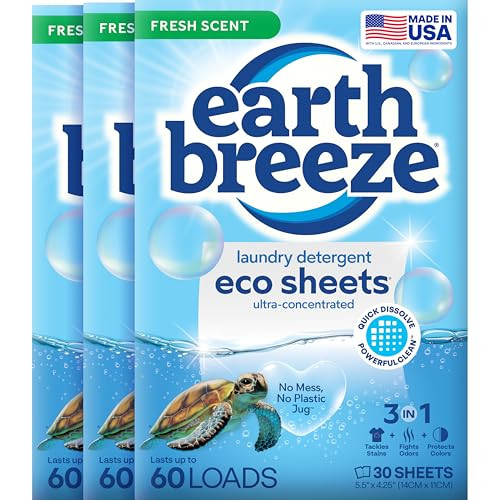 Earth Breeze Laundry Detergent Sheets Fresh Scent - 60 Loads per package. Eco Liquidless Soap - Travel-Friendly for Hot & Cold Cycles, Tackles Tough Stains & Odors - Gentle on Skin, 30 sheets (3 Pack) | Amazon (US)