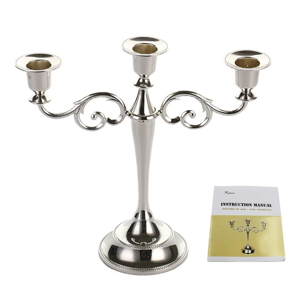 WEISIPU 3 Arms Candle Holder Metal Pillar Candle Stick Wedding Event Candelabra (Silver) | Amazon (US)