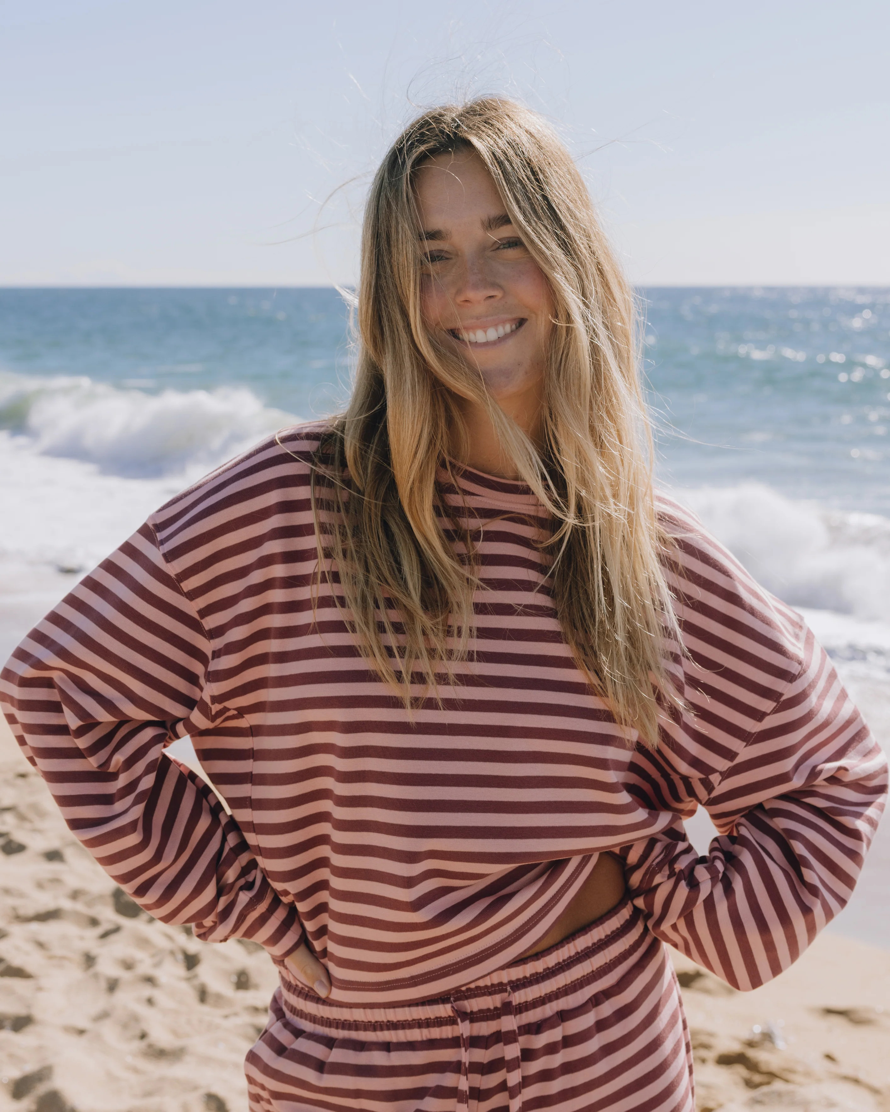 Striped Cotton Long Sleeve - Wine + Dusty Rose Stripe with Monochrome | Daily Drills LLC