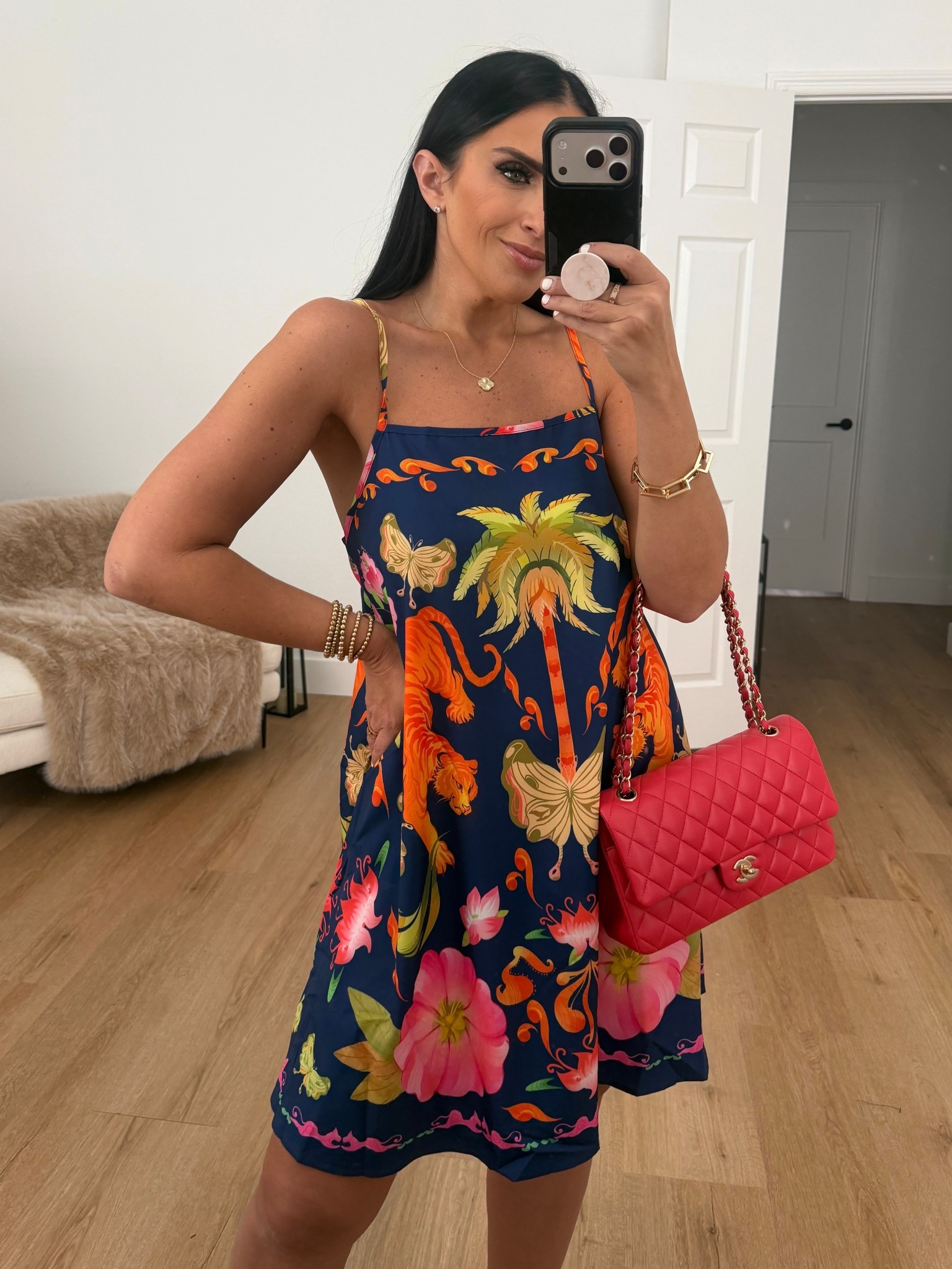 Farm Rio inspired Women's Flowy Mini Dress wearing size medium. 