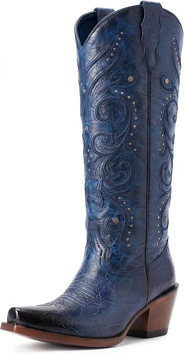 Knee High Womens Cowboy Boots Embroidered Pointed Toe Cowgirl Boots with Side Zipper Retro Wester... | Amazon (US)