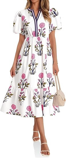Cicy Bell Womens Summer Floral Print Maxi Dress A Line Puff Short Sleeve V Neck Boho Dresses Flow... | Amazon (US)
