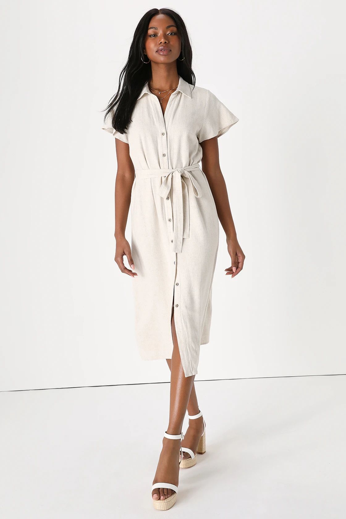 Italian Summer Beige Linen Button-Up Short Sleeve Midi Dress | Lulus (US)