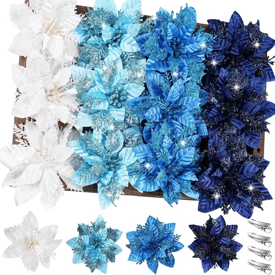 24 Pcs Blue Christmas Poinsettia Flower Decorations 5.5" Glitter Poinsettia Artificial Flowers Pi... | Amazon (US)