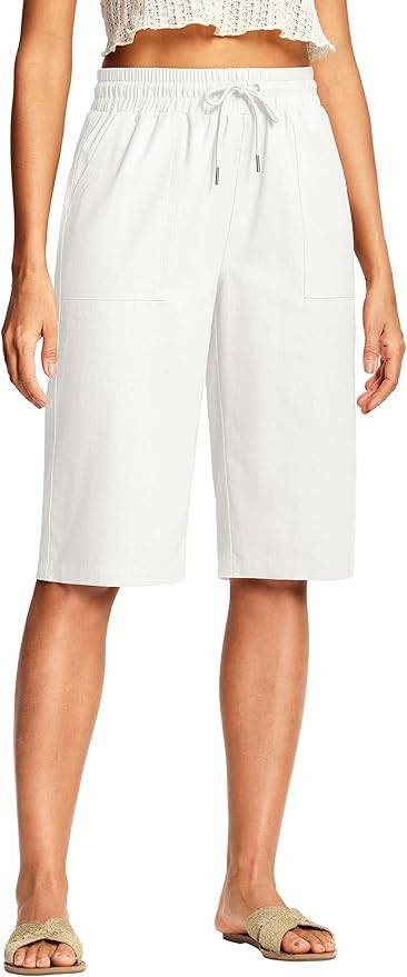 ISEEGZ 14" Linen Capri Pants for Women High Waisted Wide Leg Long Shorts with Pockets for Busines... | Amazon (US)