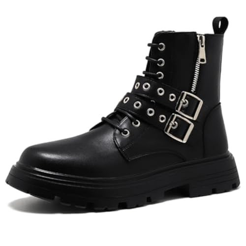 Men's Black Leather Platform Ankle Boots Lace up Side Zip Adjustable Buckle Lug Sole Non-Slip Combat Booties Fashion Punk Motorcycle Boots (12) | Amazon (US)