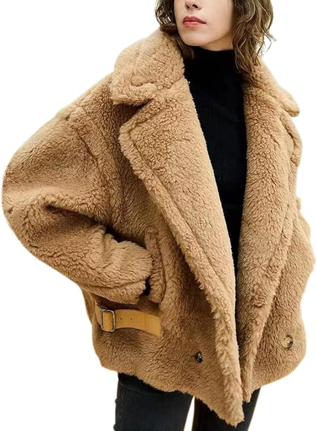 FLAVOR Women's Wool Teddy Coat Oversized Motorcycle Warm Winter Shearling Jacket Fur Fuzzy | Amazon (US)