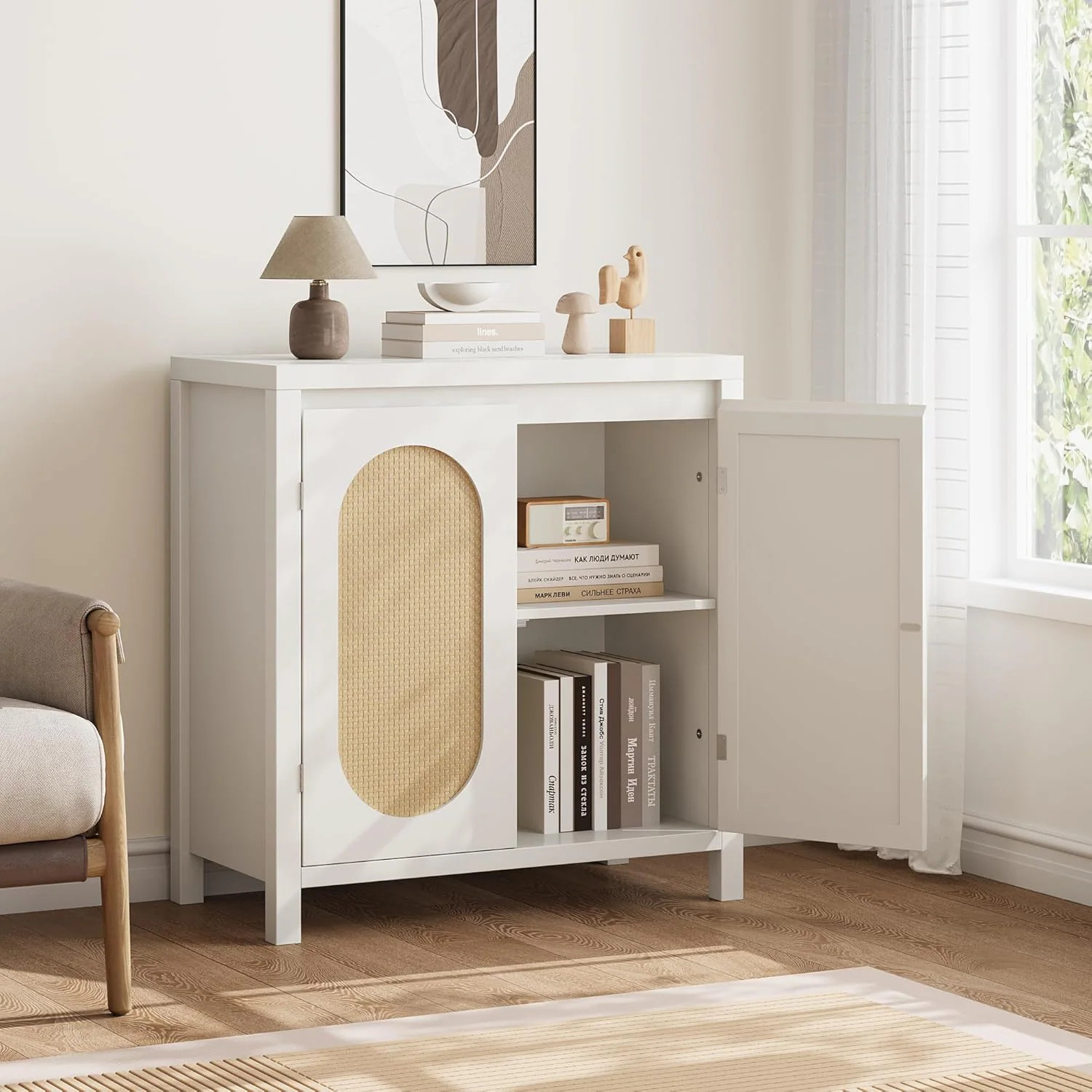 Garvee 31 Inch Small White Sideboard Buffet - Glass Doors and Adjustable Shelf/ Black Engineered Wood Storage Console | HOUSE-5928 | Lowe's