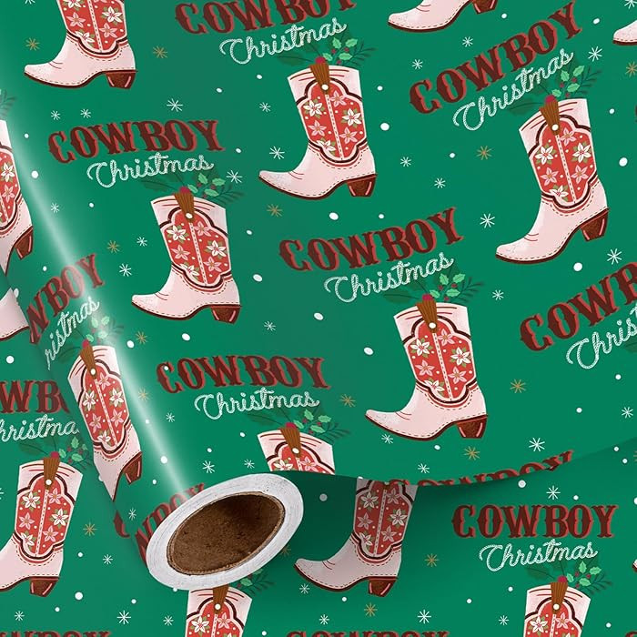 RUSPEPA Cowboy Christmas Wrapping Paper Roll, Mini Roll, Red Boots, Snowflake and COWBOY CHRISTMA... | Amazon (US)