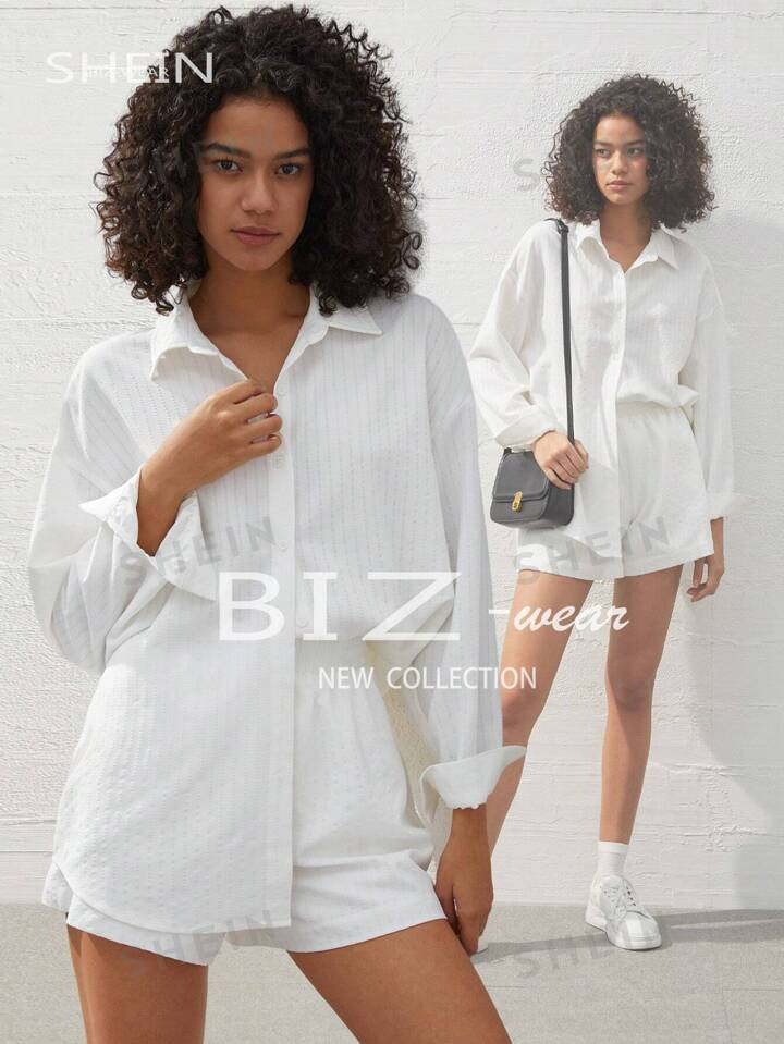 SHEIN BIZwear Women'S Button Up Long Sleeve Shirt And Shorts 2pcs/Set | SHEIN