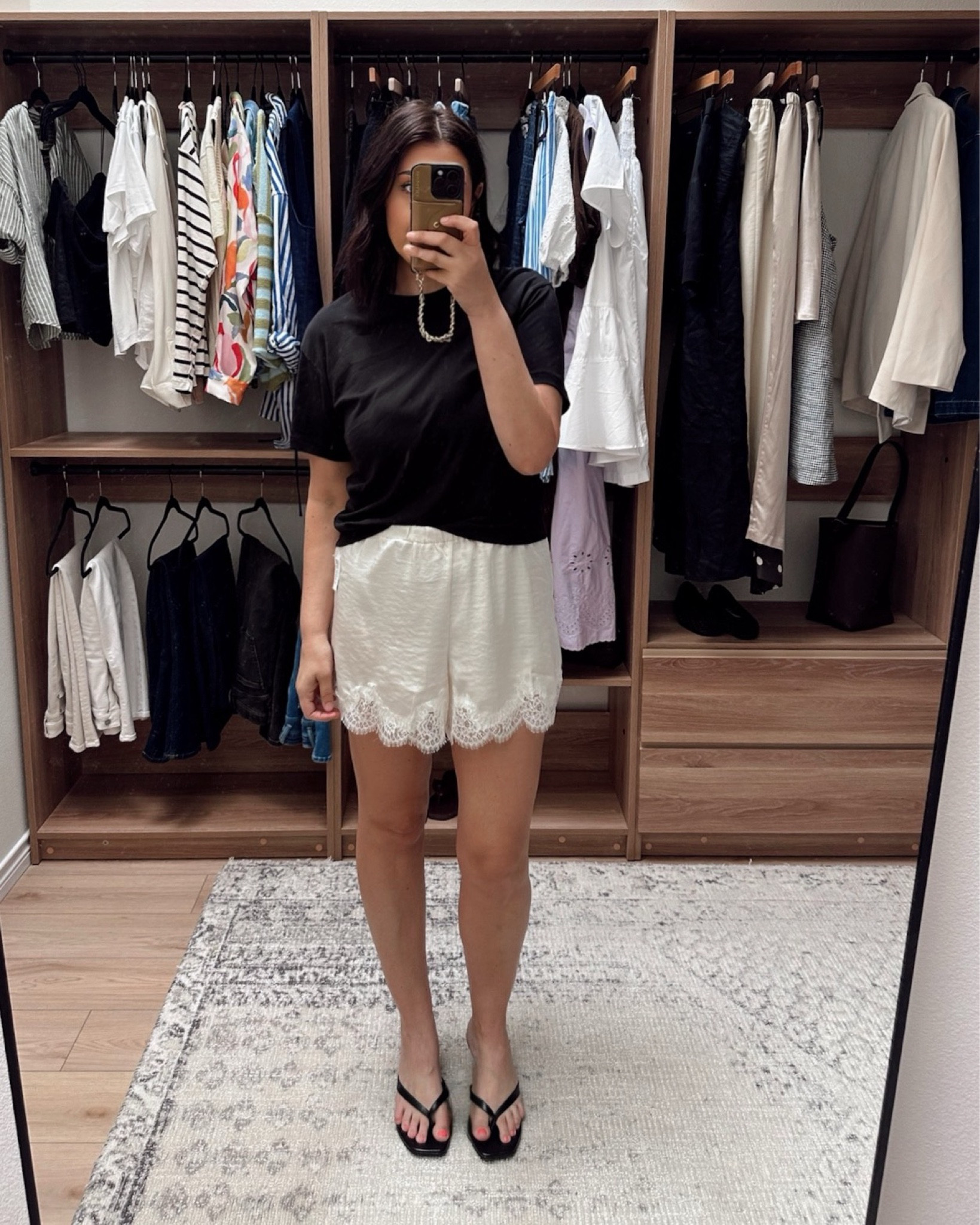 I’m in the large of the shorts but they run SO big! I’m in the medium of the tee. 