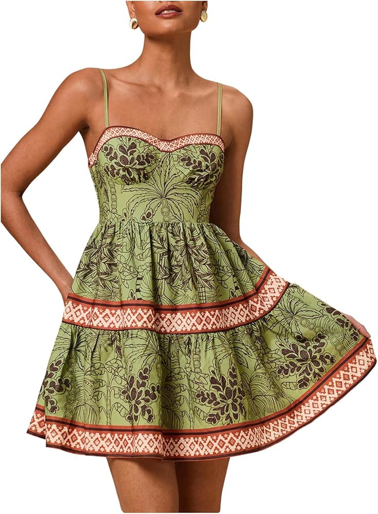 Floerns Women's Floral Summer Mini Dress Spaghetti Strap Vintage Tiered Ruffle Holiday Beach Dres... | Amazon (US)