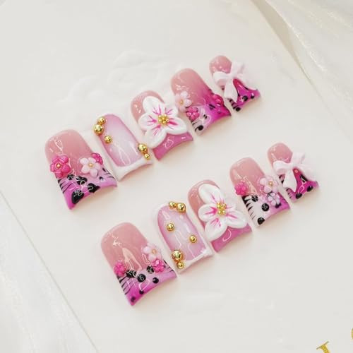 10 Pcs Duck Shaped Handmade Press on Nails Pink French Style with 3D Flower & Bow Designs Multi-Layer Gel Salon Quality False Nails Thick Acrylic Nails Short Stick on Nail for Women (S) | Amazon (US)