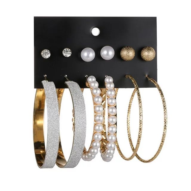 6 Pairs/Set Punk Oversize Fashion Exaggerated Pearl Matte Diamond Large Hoop Earrings For Women G... | Walmart (US)