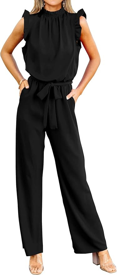 KIRUNDO Jumpsuits For Women Dressy One Piece Sleeveless Ruffle Mock Neck Belted Formal Wide Leg P... | Amazon (US)