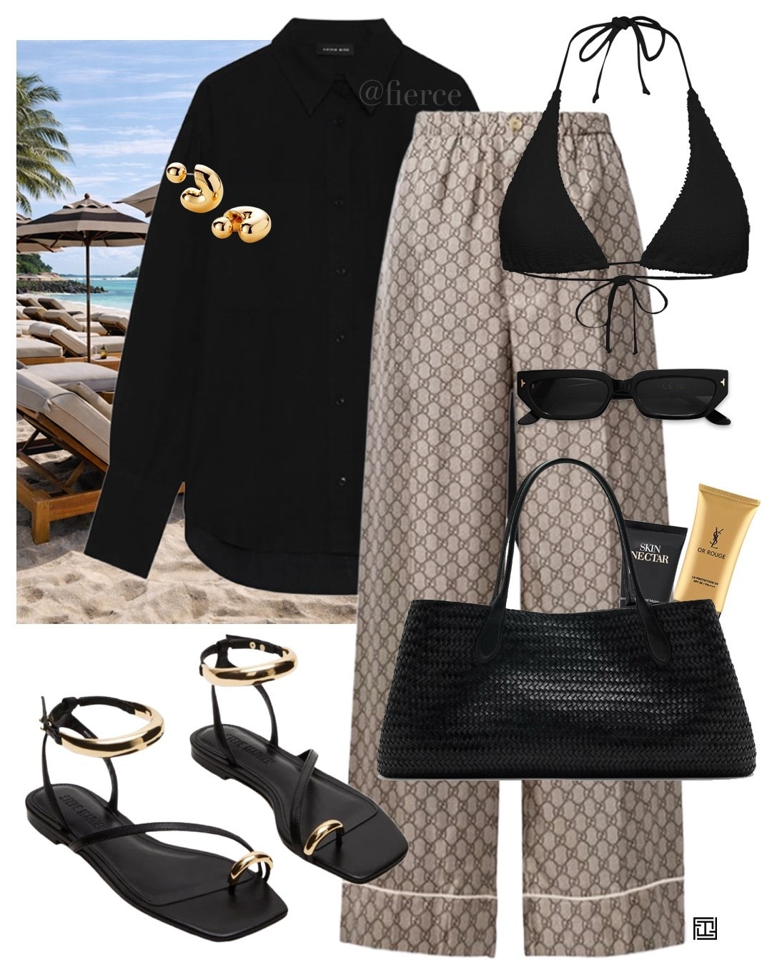 Resort wear beach holiday Gucci trousers black linen shirt black woven bag gold toe sandals 

#LTKuk #LTKswimwear #LTKeurope