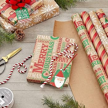 Hallmark Christmas Wrapping Paper Bundle with Cut Lines on Reverse, Kraft (Pack of 4, 88 sq. ft. ... | Amazon (US)