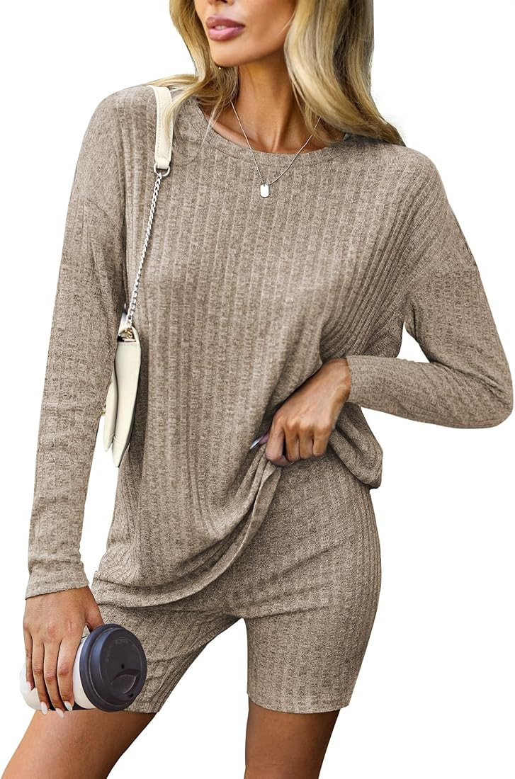 Ekouaer Pajamas 2 Piece Lounge Sets Ribbed Knit Matching Outfits Long Sleeve Biker Shorts Set Sle... | Amazon (US)