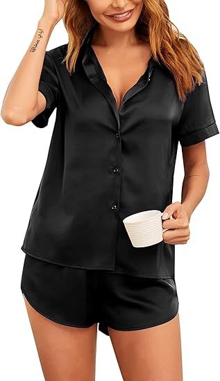 Ekouaer Satin Pajamas Set for Women Short Sleeve Button-Down Tops and Shorts 2 Piece Pjs Silk Sle... | Amazon (US)