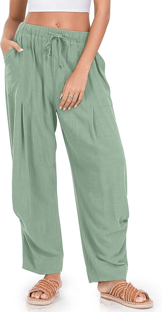 TARSE Women Linen Baggy Harem Pants Summer Drawstring Casual Lounge Pant 2024 Beach Travel Vacati... | Amazon (US)