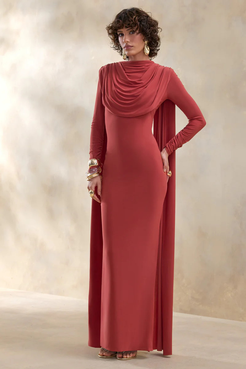 Lysoria  Rust High-Neck Maxi Dress With Draped-Detailing And Cape-Sleeves | Club L London