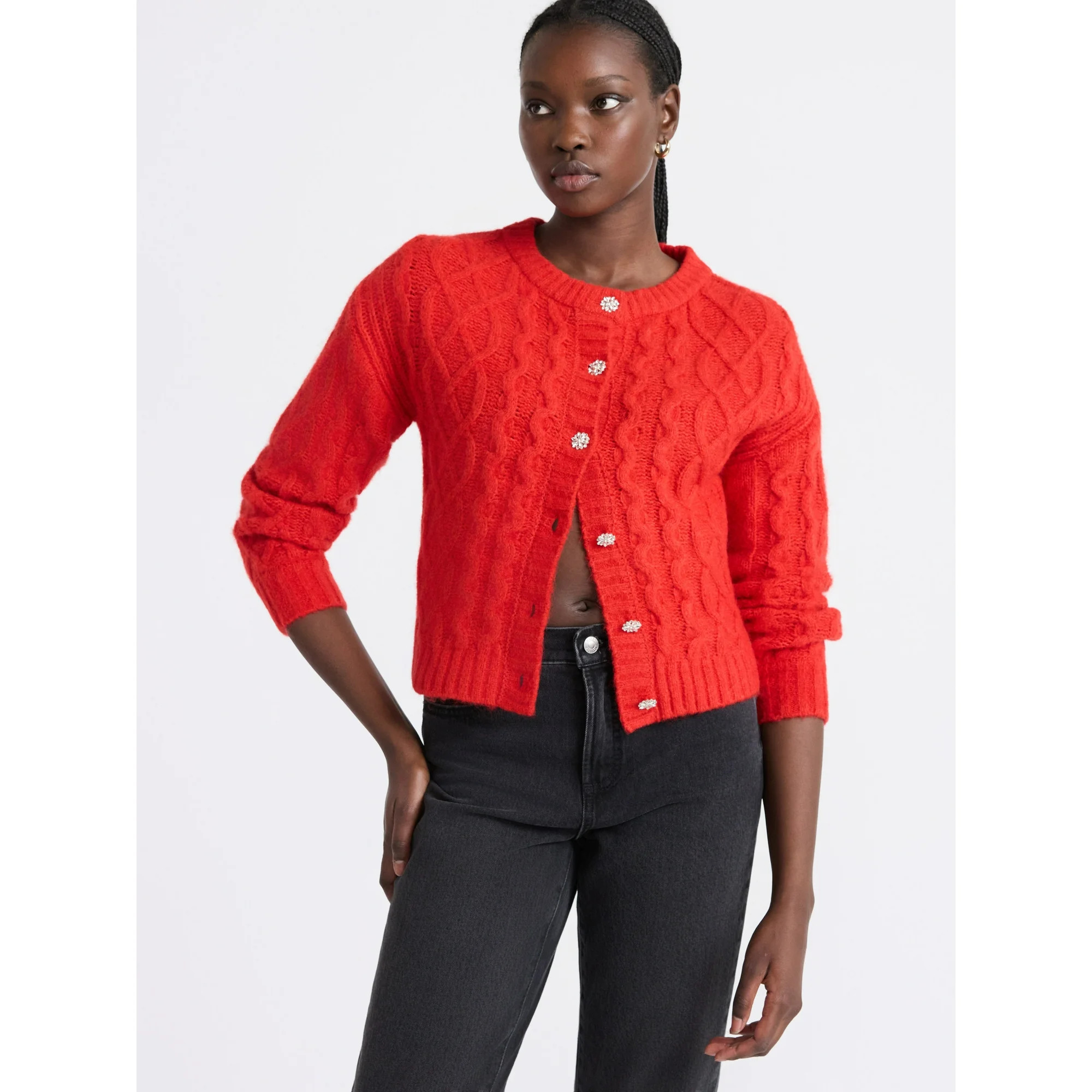 Free Assembly Women's and Women's Plus Cropped Cable Cardigan Sweater, Midweight, Sizes XS-4X | Walmart (US)