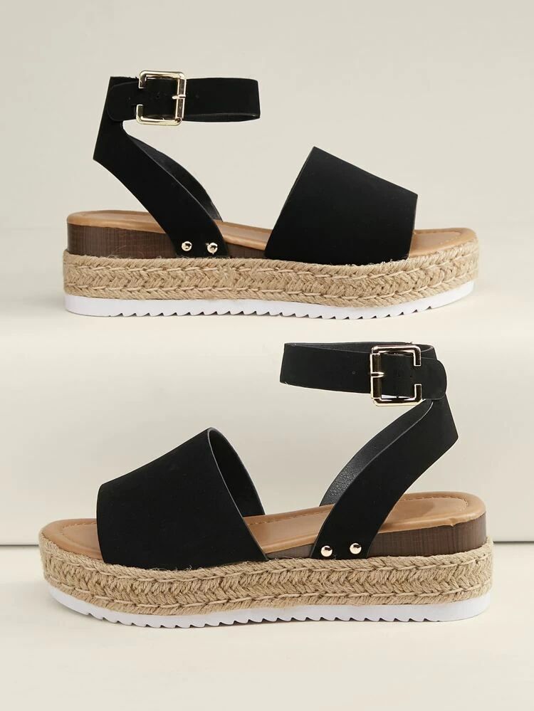 Open Toe Buckled Ankle Flatform Espadrille Sandals | SHEIN