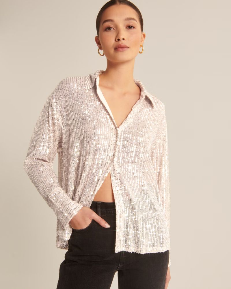 Long-Sleeve Sparkle Button-Up Top | Abercrombie & Fitch (US)